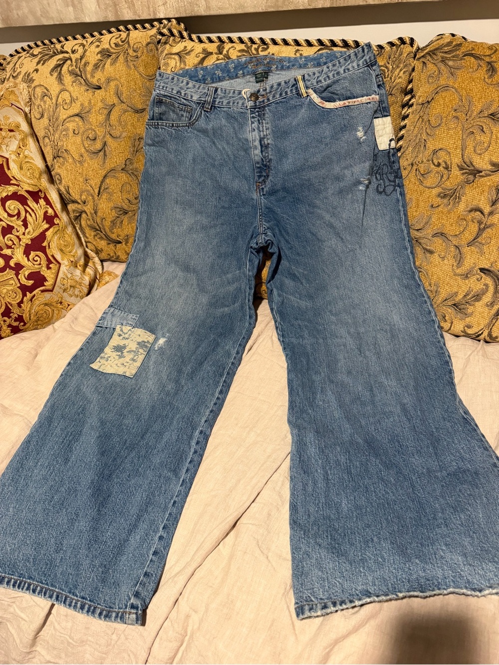 Lauren Ralph Lauren Distressed Blue Wide-Leg Jeans with Patchwork
